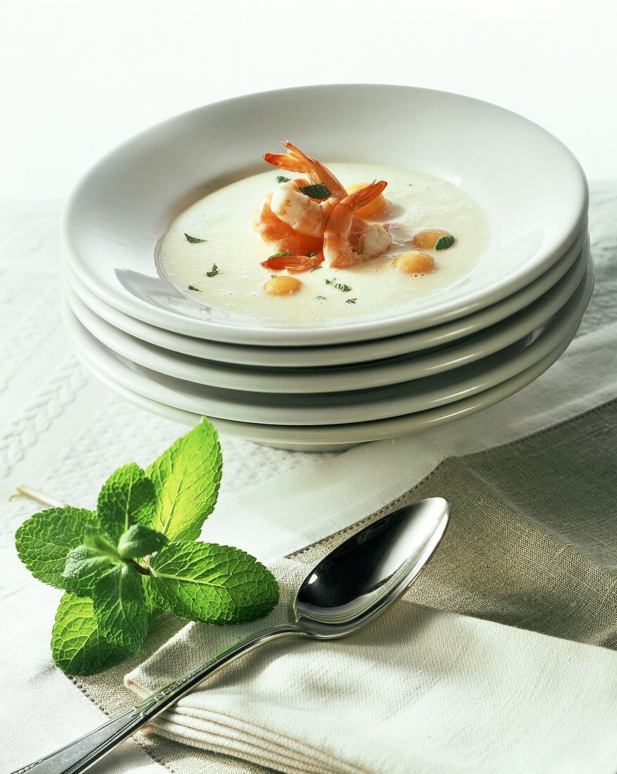 Cold melon cream with shrimps (Majorca)