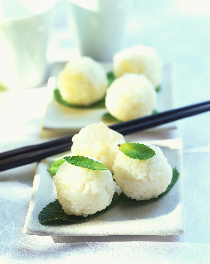 Sticky rice balls with mint