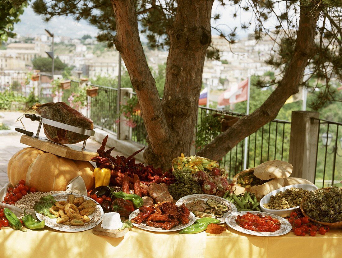 Buffet in open air with specialities from Calabria (Italy)