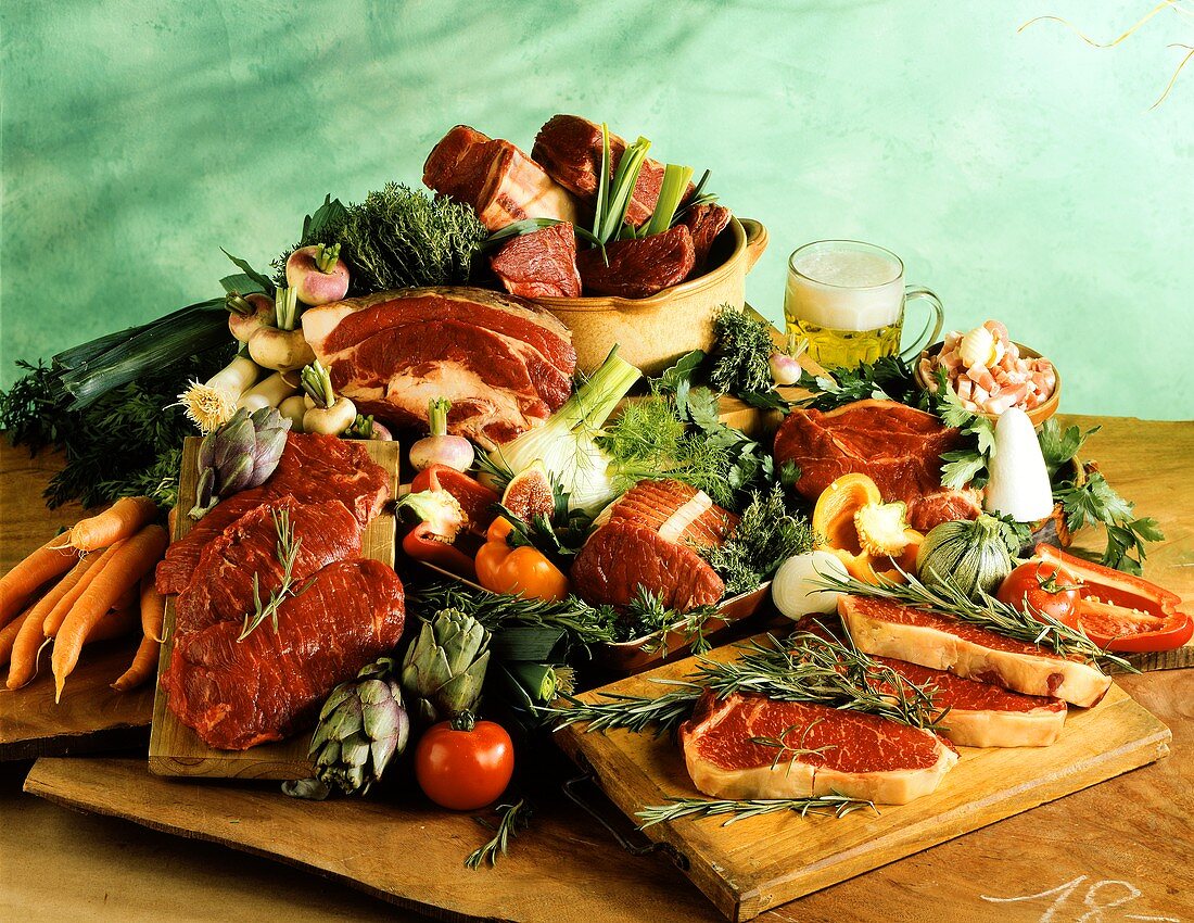 Still life with various cuts of raw beef