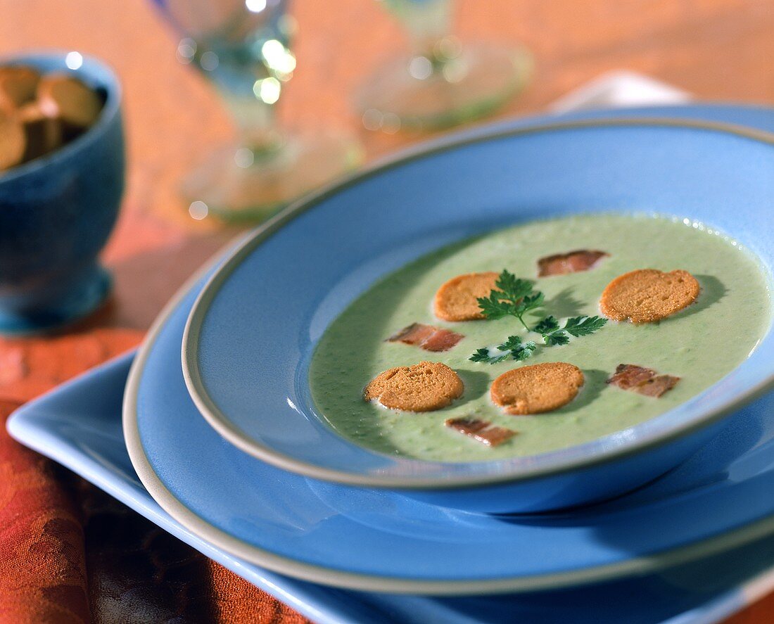 Zucchinicremesuppe mit Brotchips und Speck