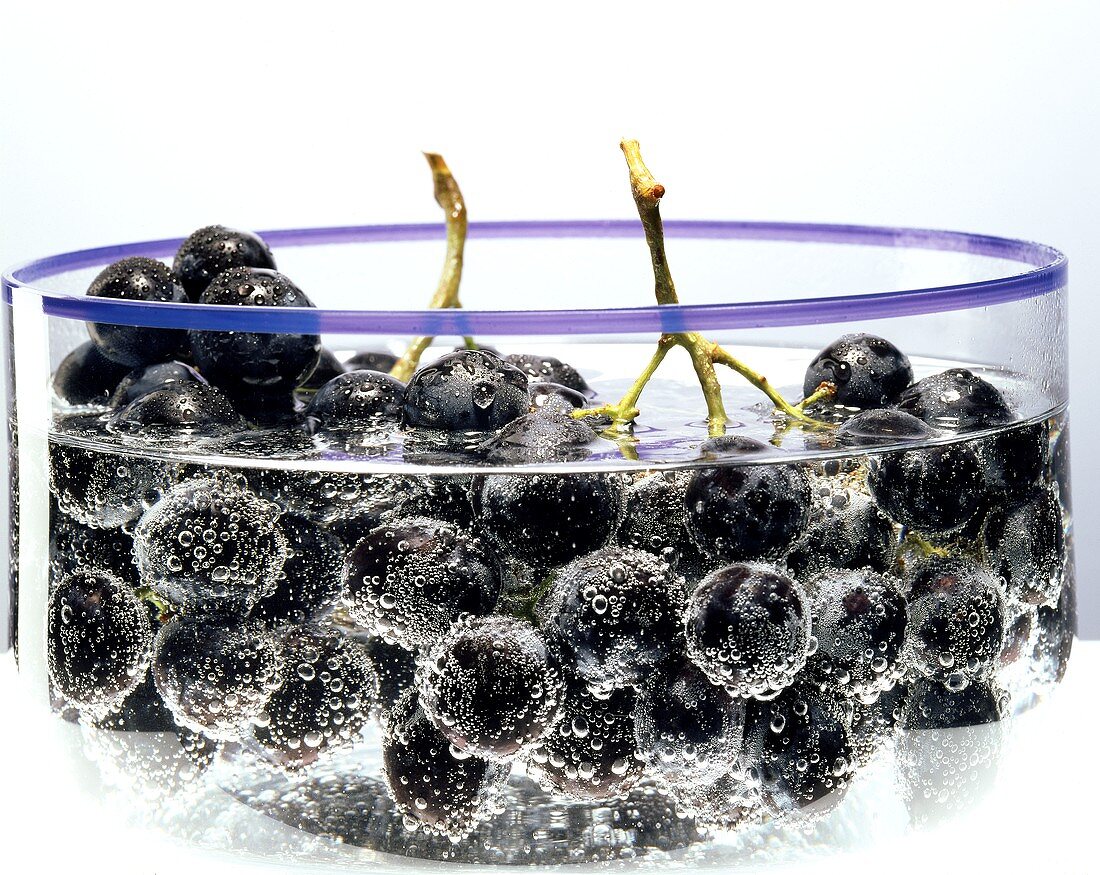 Rote Weintrauben in einer Glasschale mit Wasser