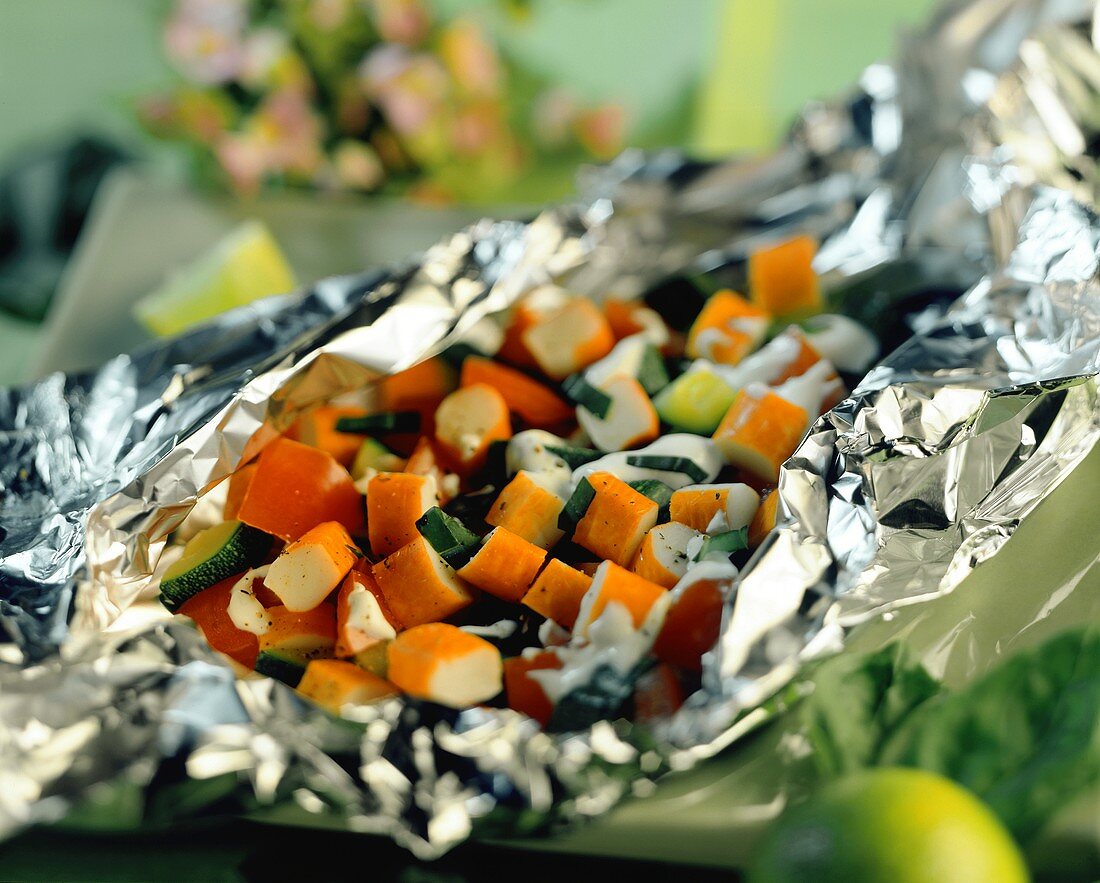 Courgettes and surimi cooked in foil