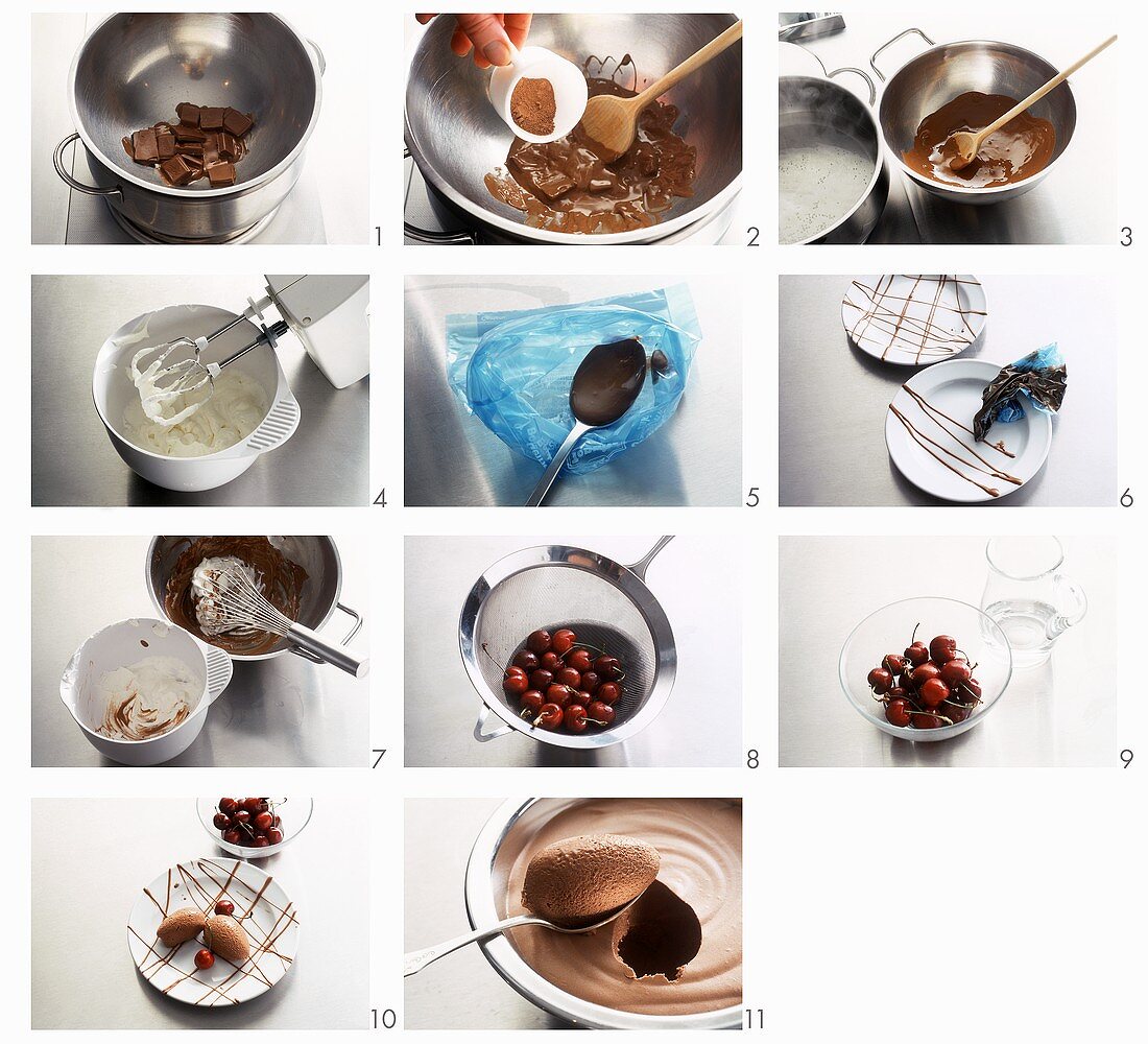 Making mocha chocolate mousse with cherries