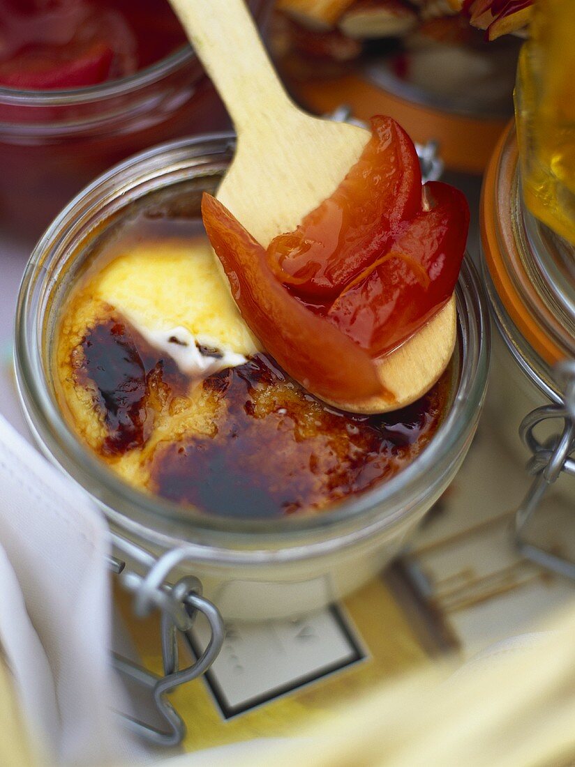 Crema catalana with plume compote (dessert, Spain)
