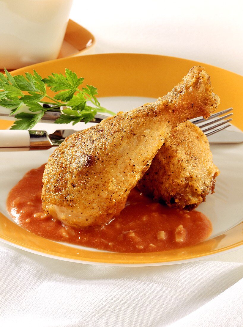 Crispy chicken legs in tomato and peanut sauce