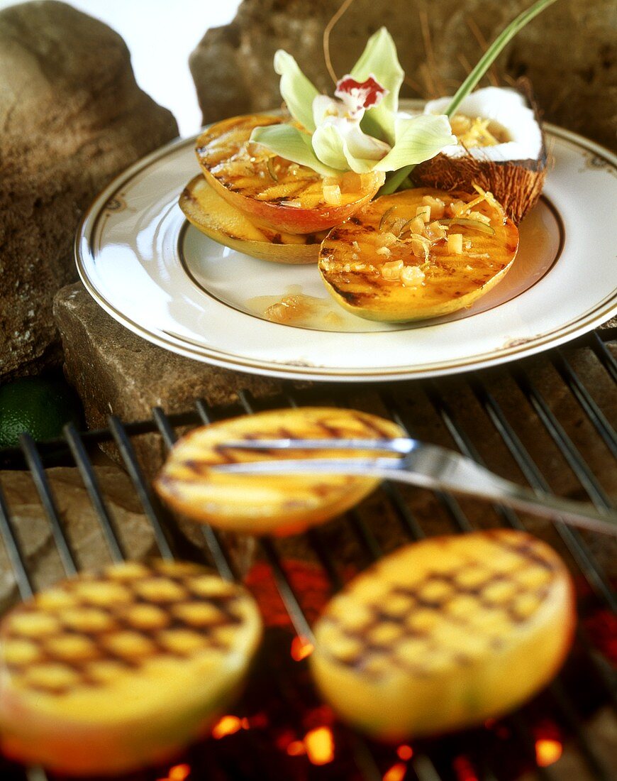 Grilled mango slices with coconut