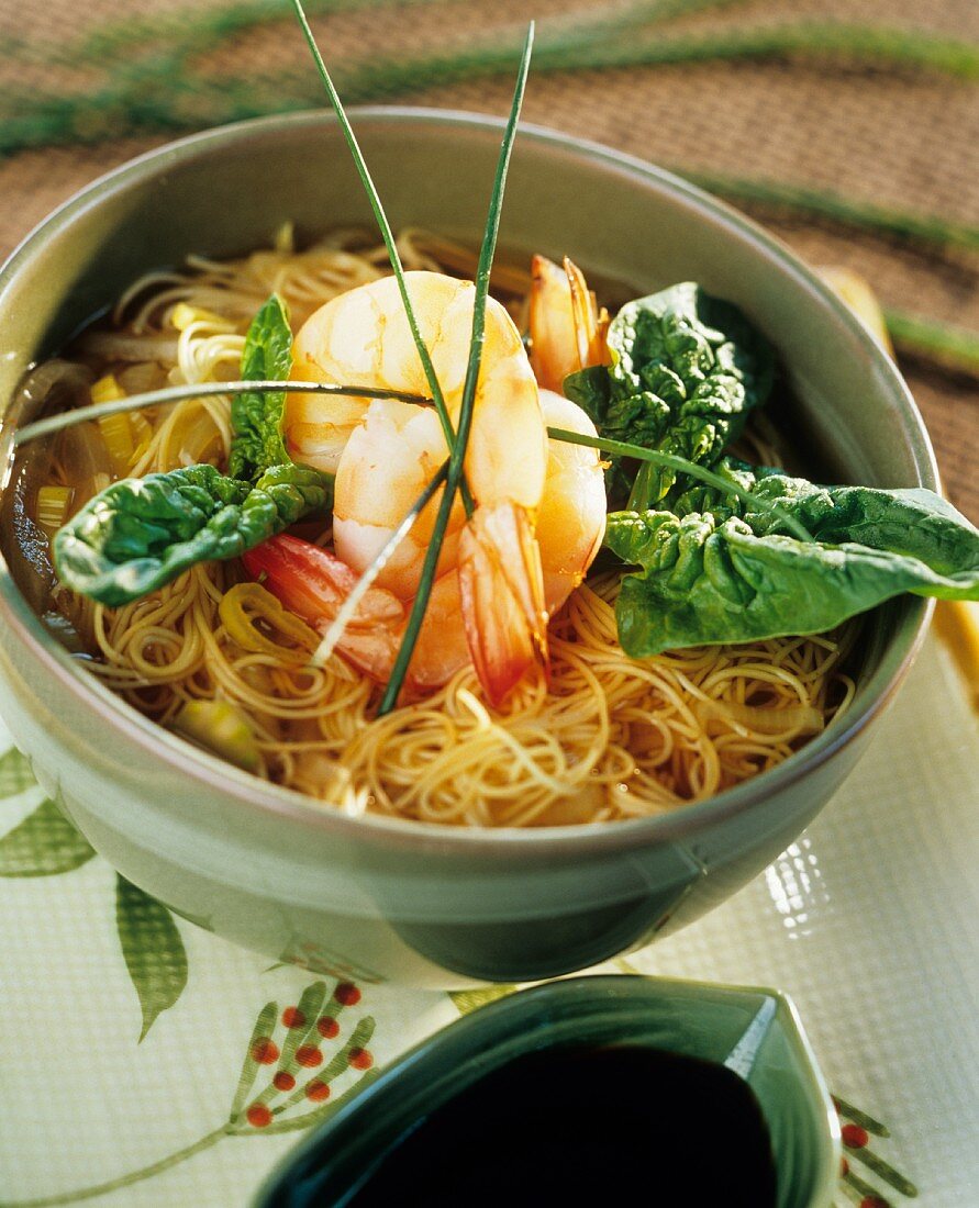 Chinese noodle soup with shrimps