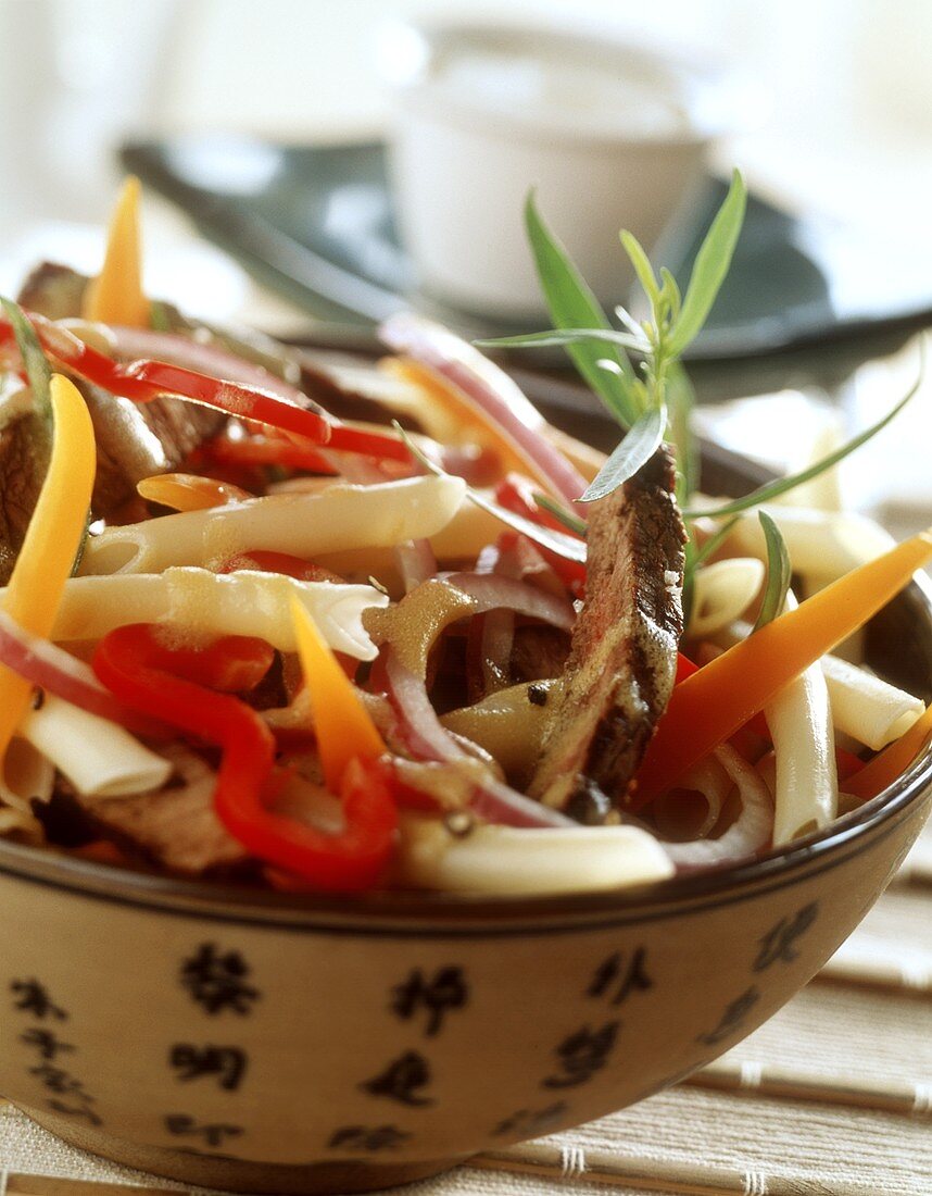 Noodle and vegetable salad with roast beef