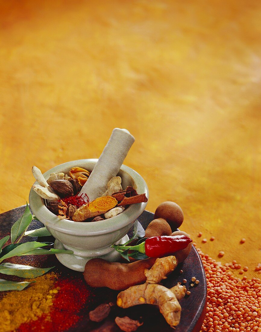 Spice still life with turmeric, cinnamon and cardamom in mortar