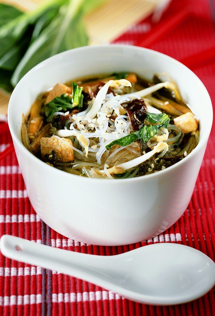 Glasnudelsuppe mit Tofu, Chinakohl und Pilzen