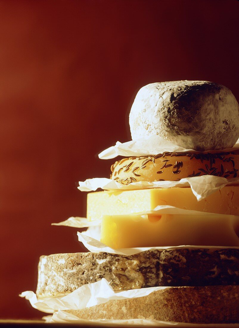 Ein Stapel mit Stücken verschiedener Käsesorten