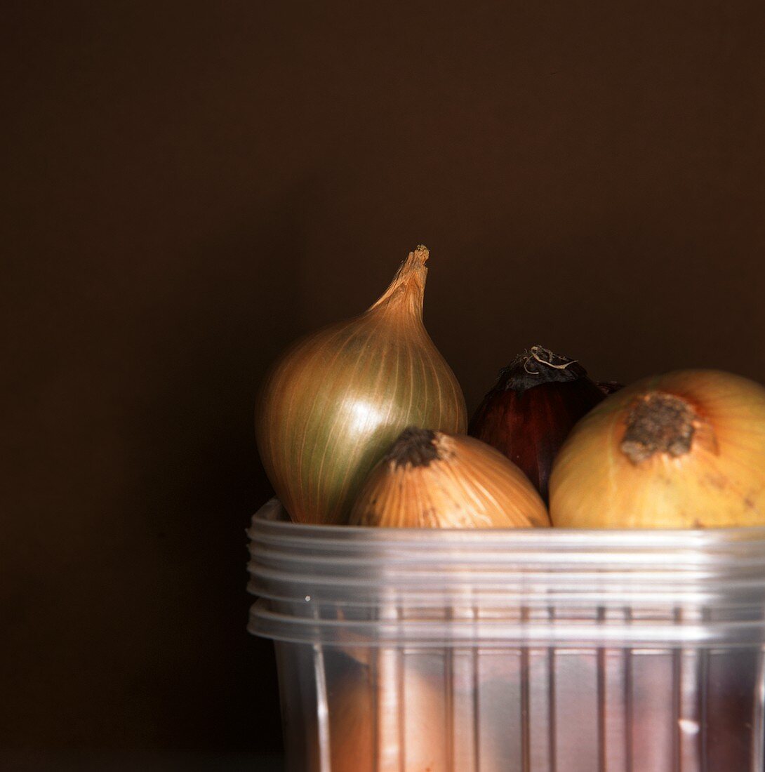 Onions in a pile of plastic containers