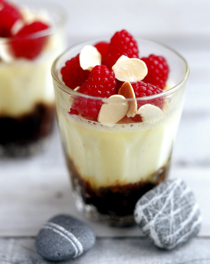 Vanillepudding mit Himbeeren auf Fruchtpüree