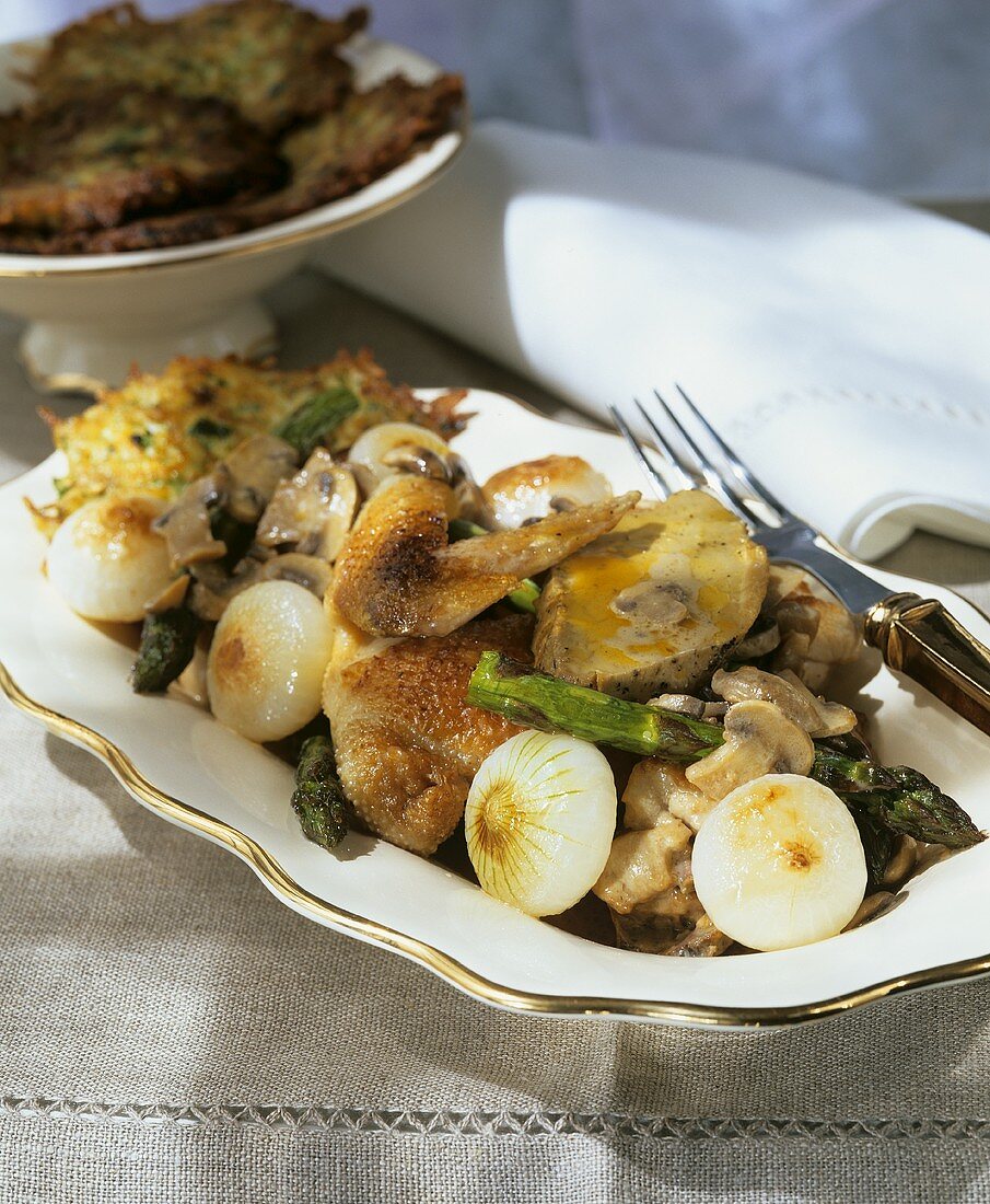 Chicken with onions, mushrooms and goose foie gras