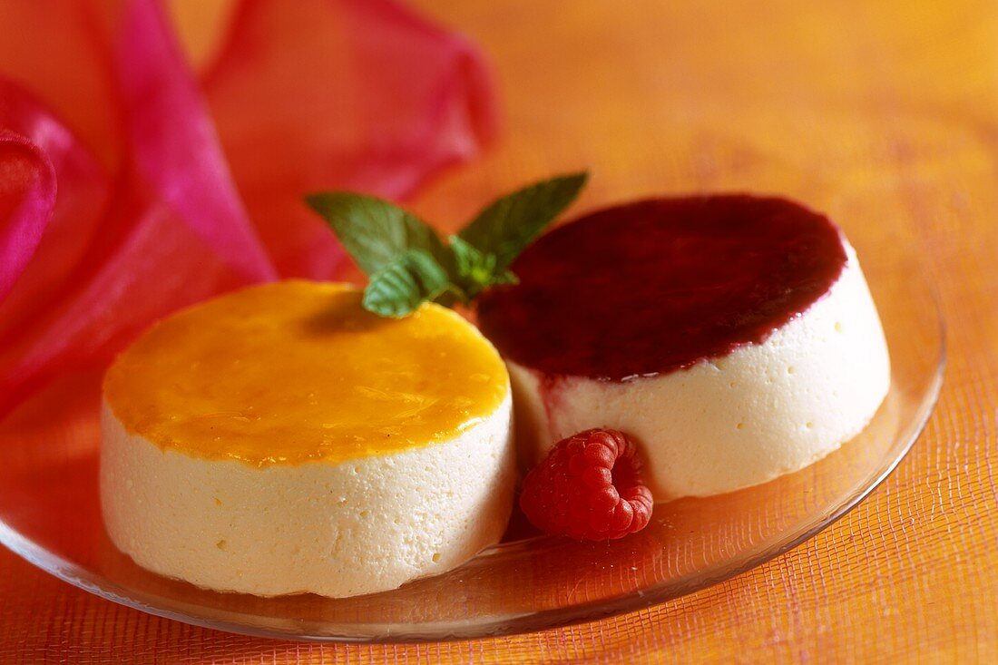Quark mousse and apricot and raspberry coulis