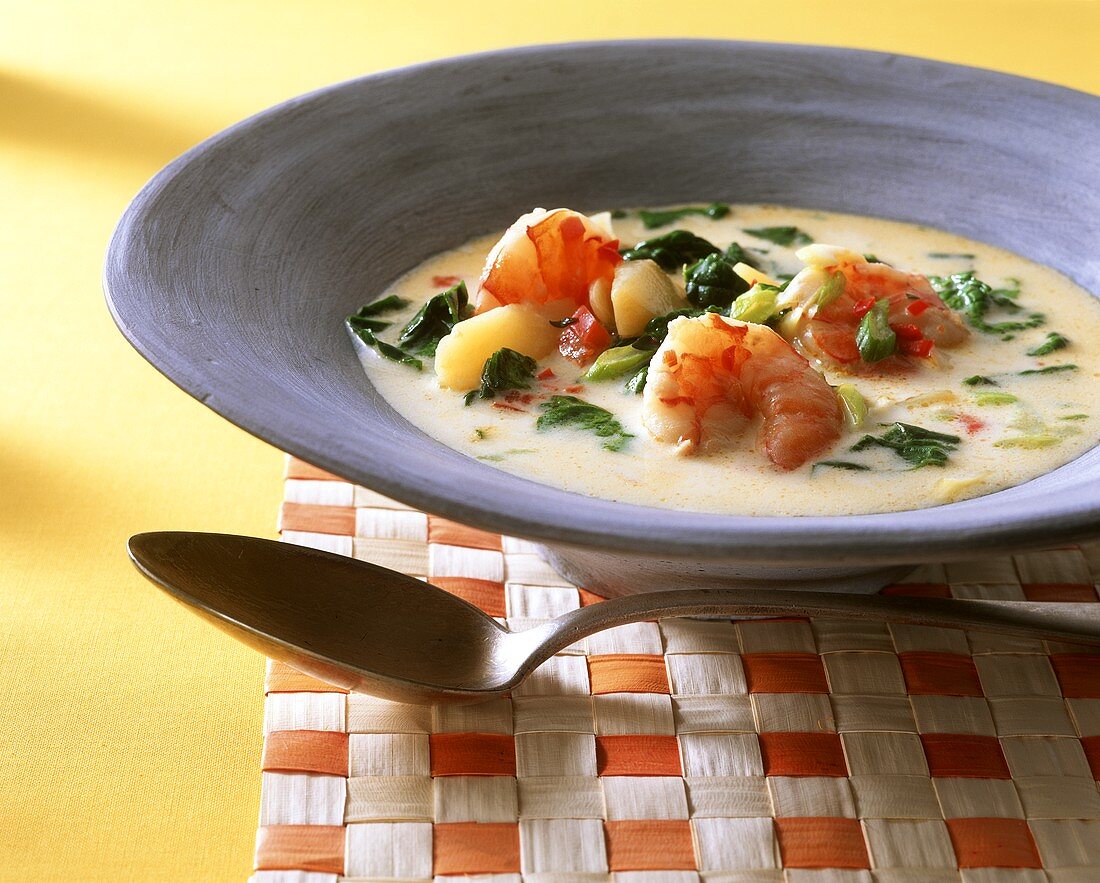 Creole soup with shrimps, vegetables and coconut milk