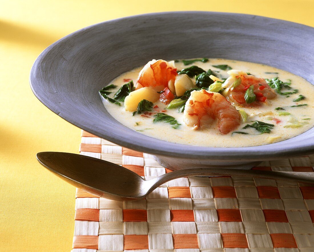 Kreolische Suppe mit Garnelen, Gemüse und Kokosmilch