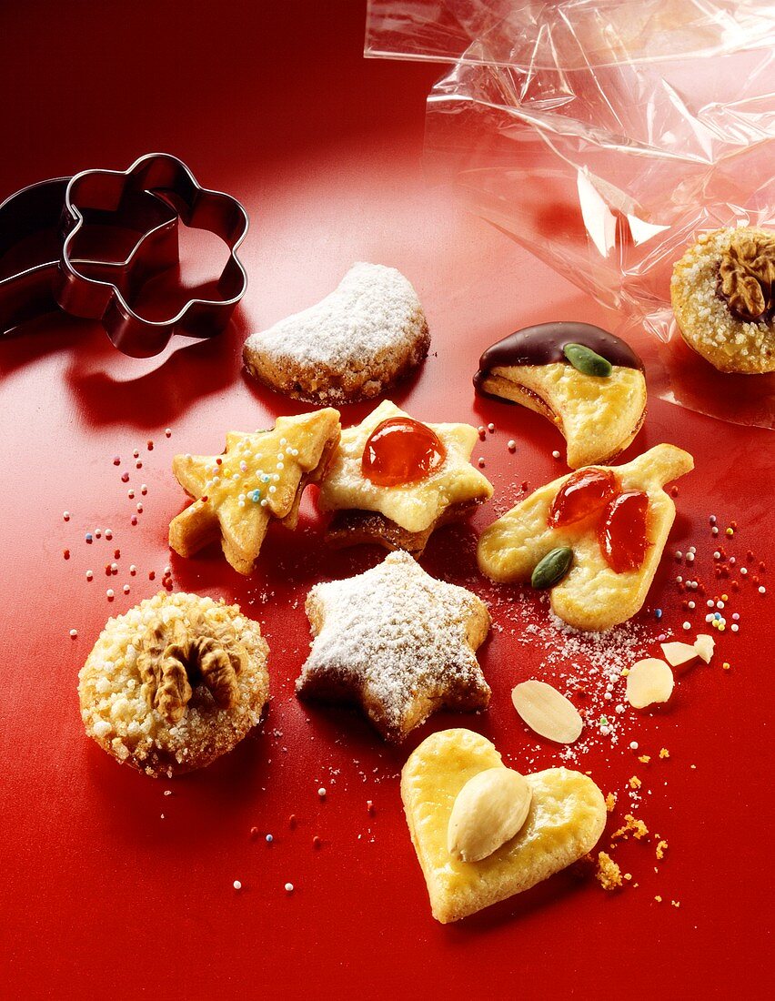 Assorted biscuits on red background