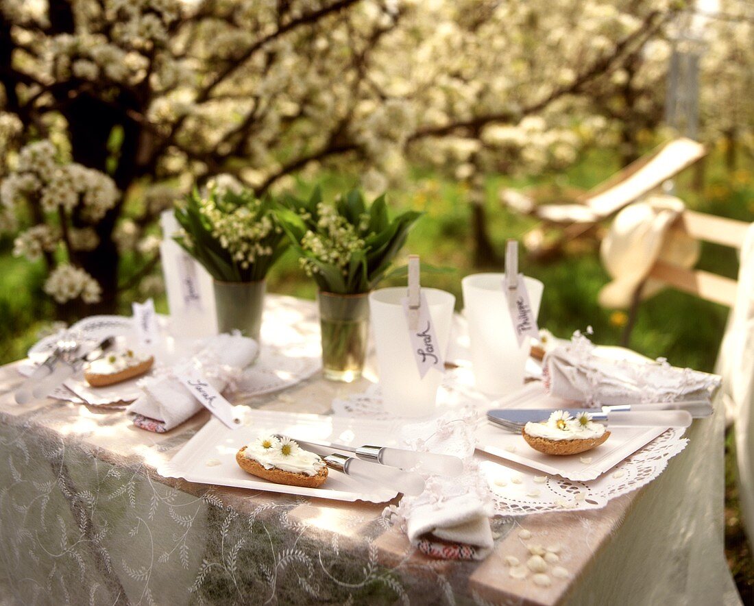 Frühlingshaft gedeckter Gartentisch mit weisser Tischdeko