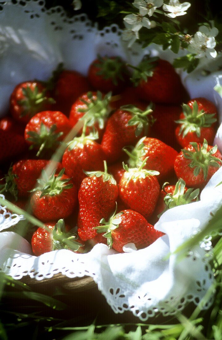A basket of fresh strawberries in grass