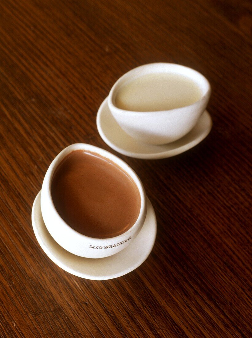 White and dark hot chocolate in drinking bowls