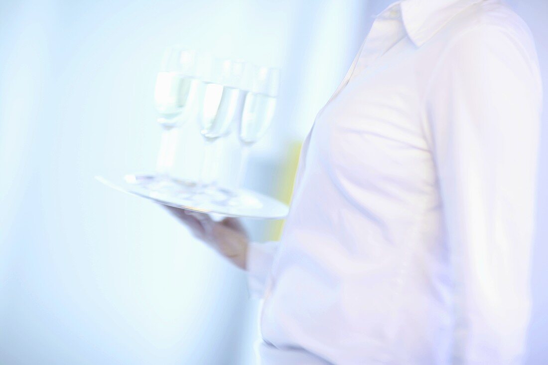 Woman carrying tray of champagne glasses (close-up)
