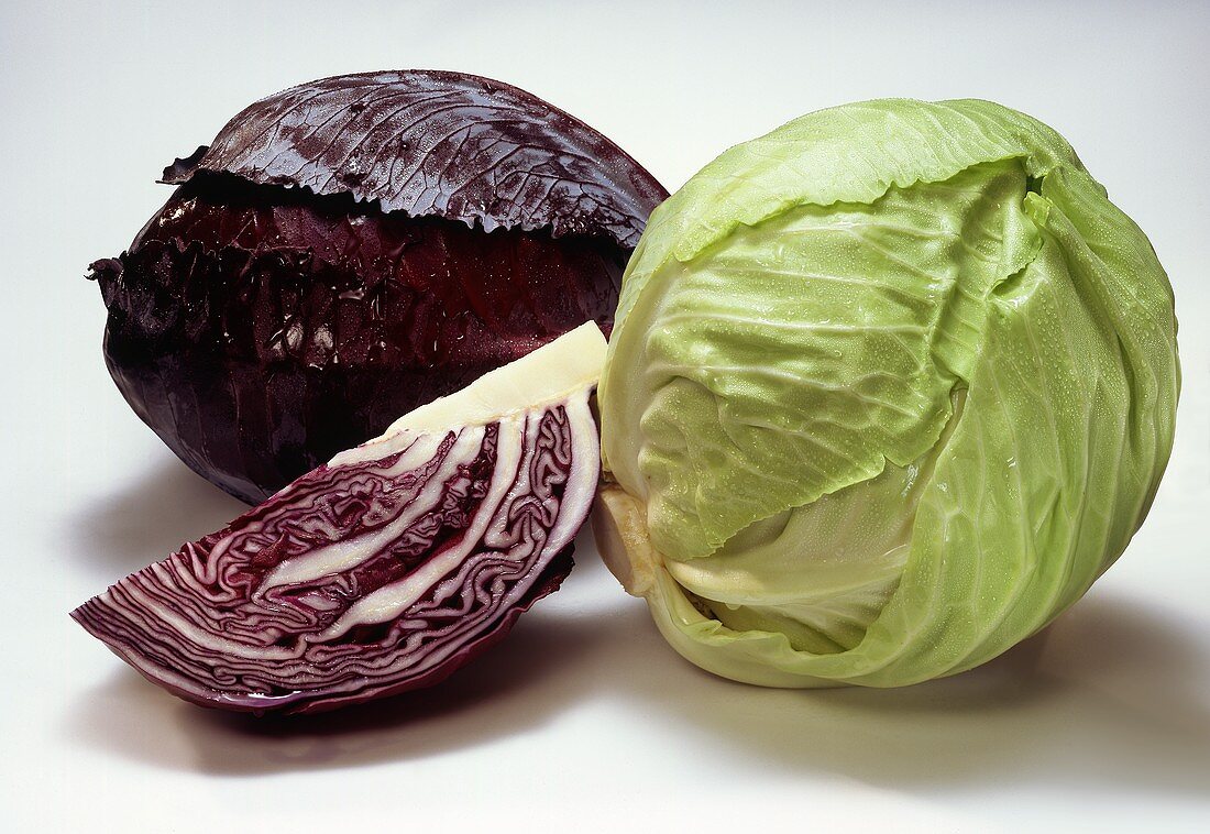 White and red cabbage, and a wedge of red cabbage