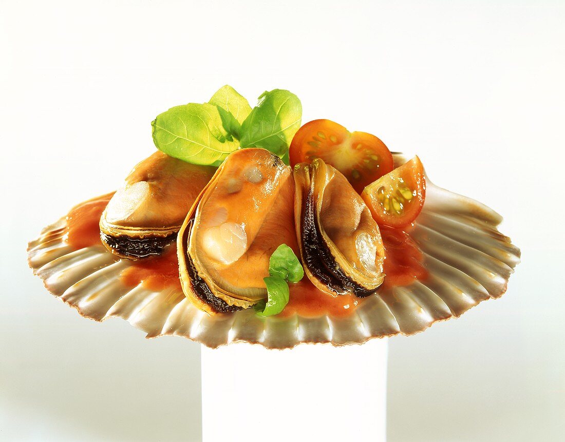 Mussels in tomato sauce, served on scallop