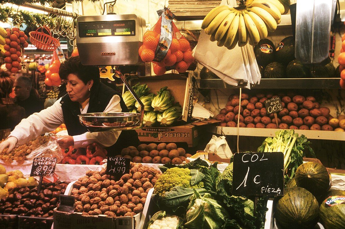 A fruit and vegetable stall in the Boqueria in Barcelona