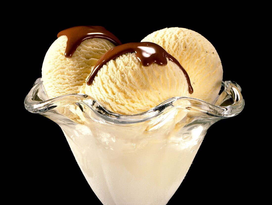 Vanilla ice cream with chocolate sauce in sundae glass