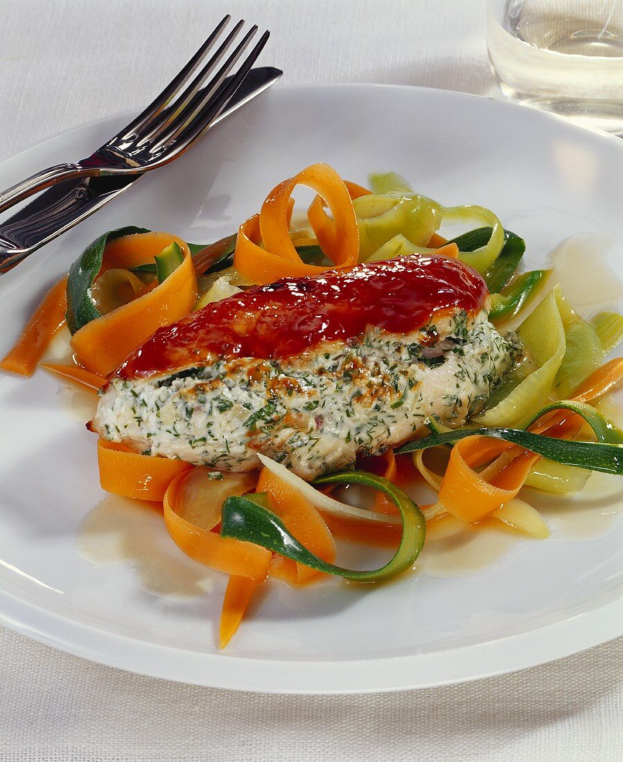 Chicken breast with herb & soft cheese stuffing, vegetables