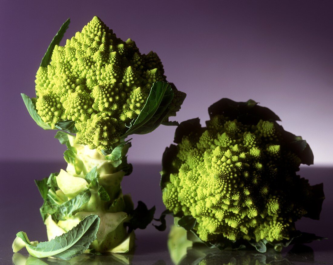 Two heads of Romanesco broccoli