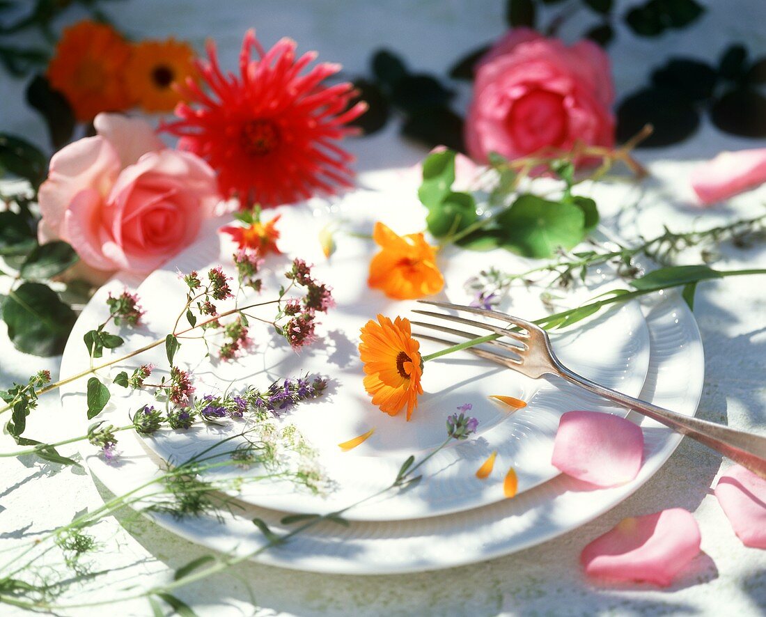 Edible flowers on a place setting with fork