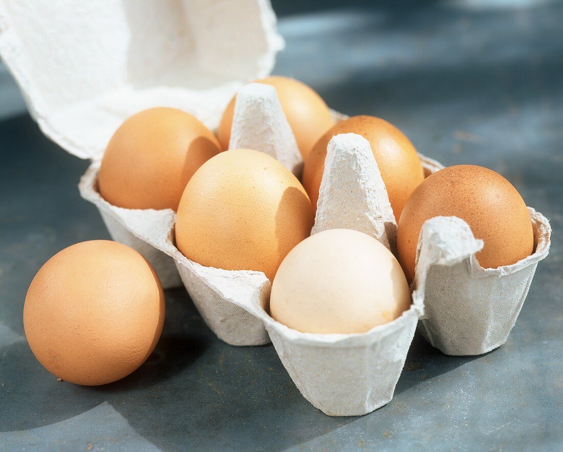Braune Eier im Eierkarton und eins daneben