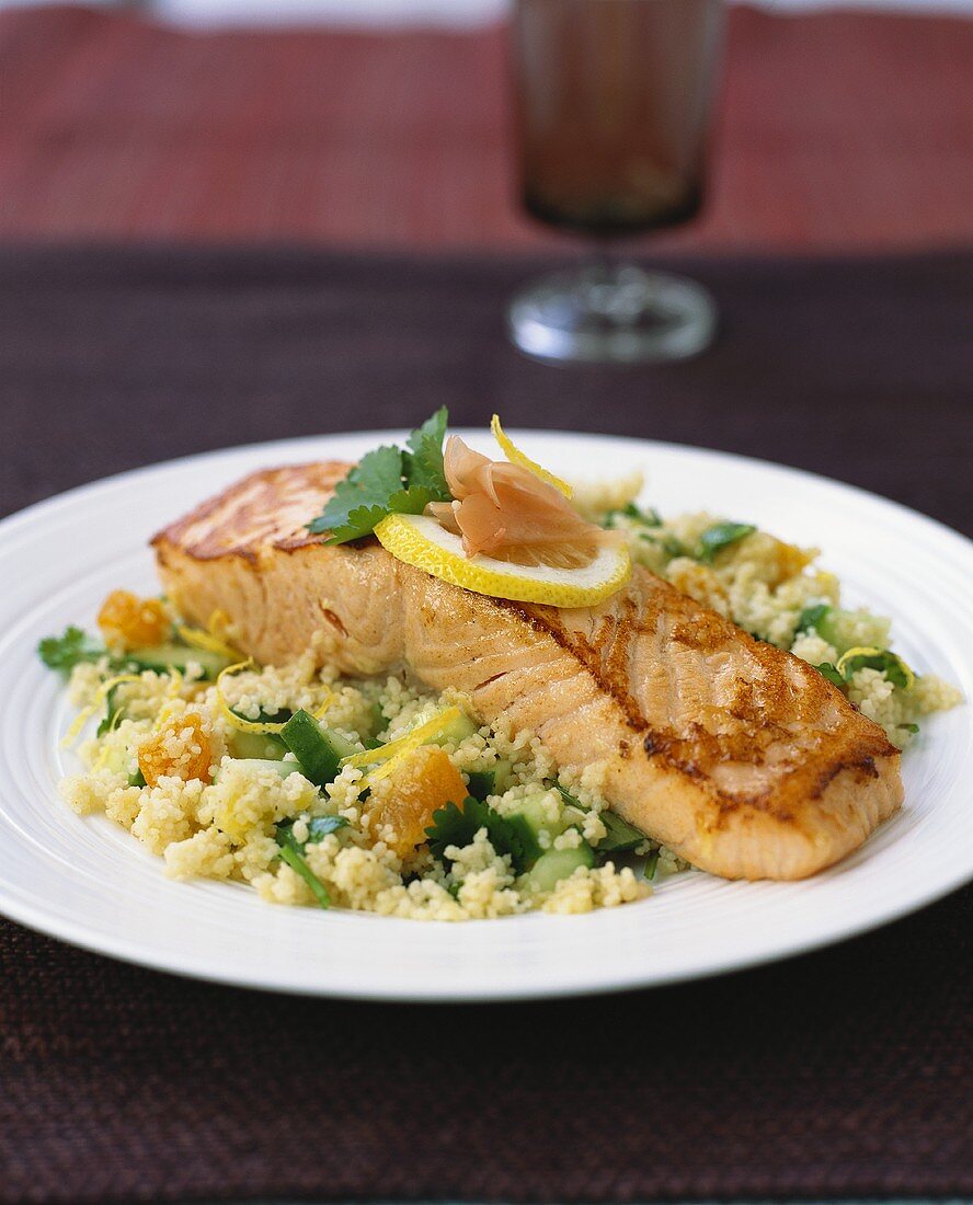 Salmon fillet with apricot and cucumber couscous