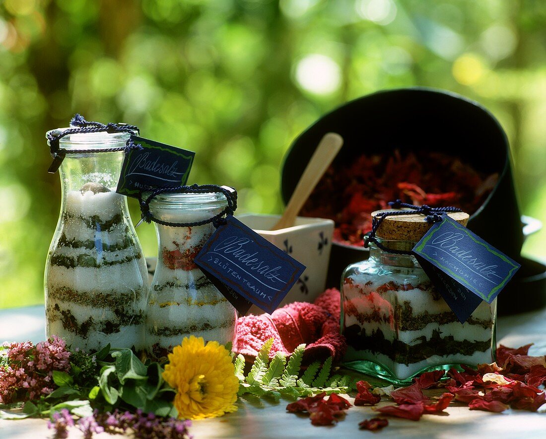 Home-made bath salts with aromatic herbs