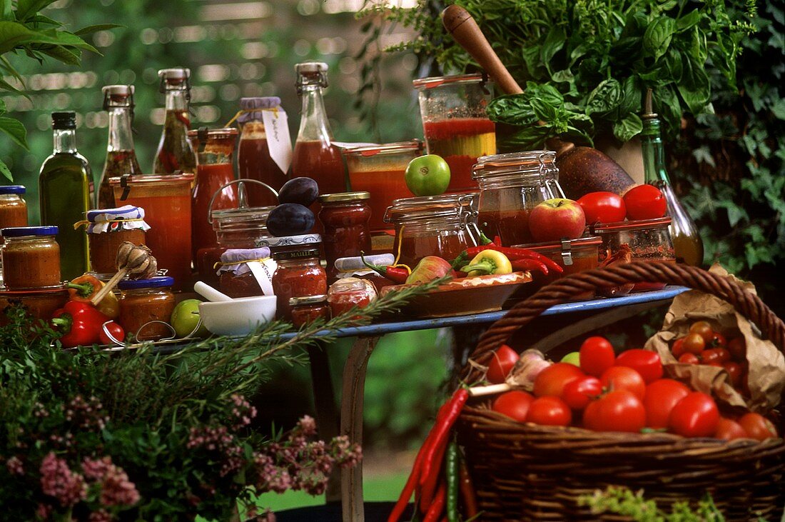 Stillleben mit Eingemachtem aus Tomaten, Paprika, Chillies
