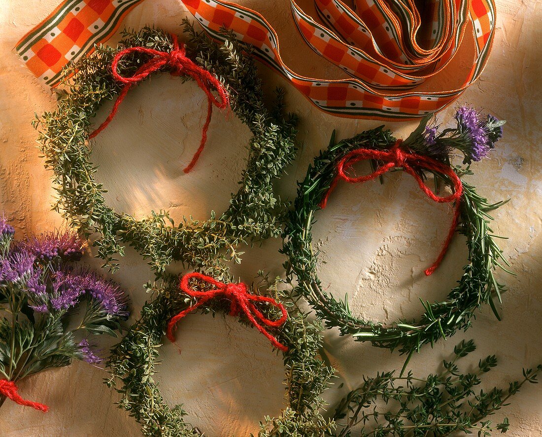 Various home-made herb wreaths