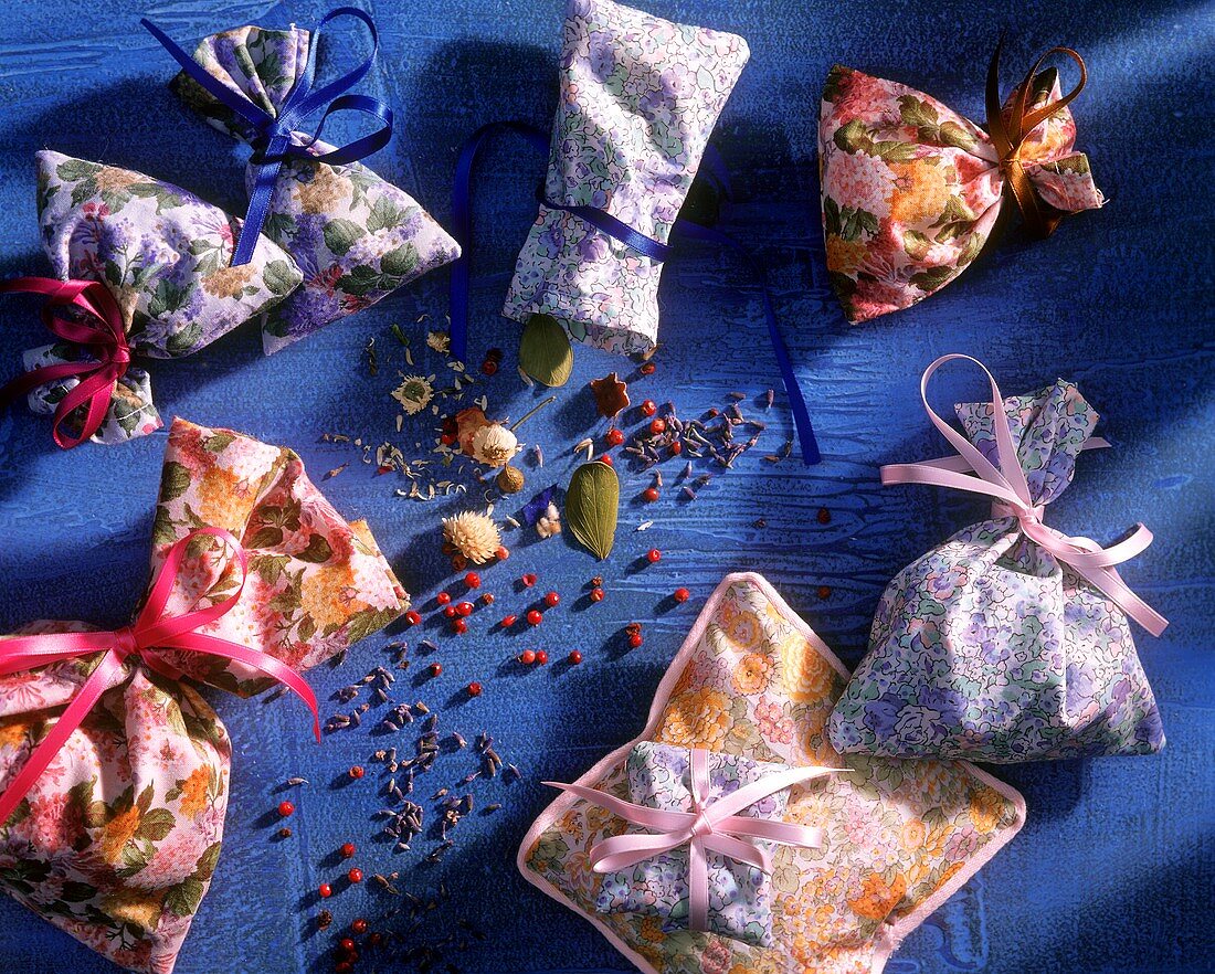 Various scented bags with contents