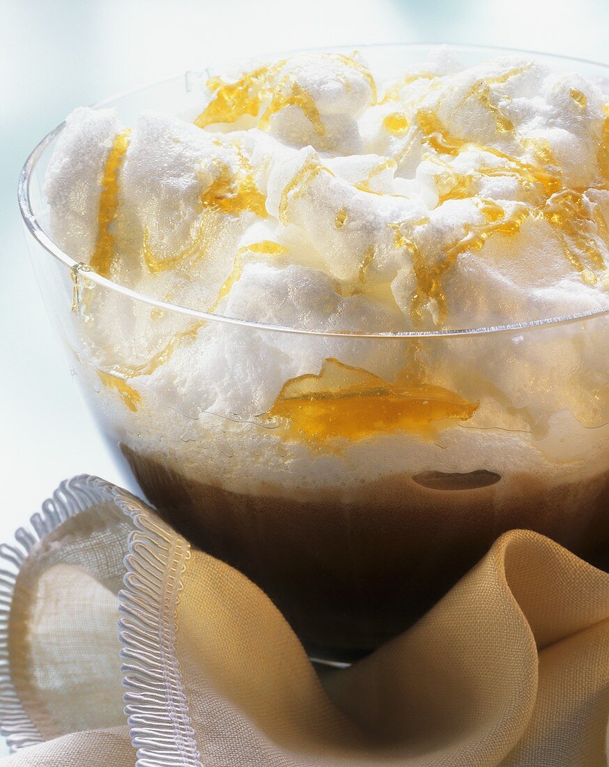 Chocolate pudding with meringue cloud and caramel