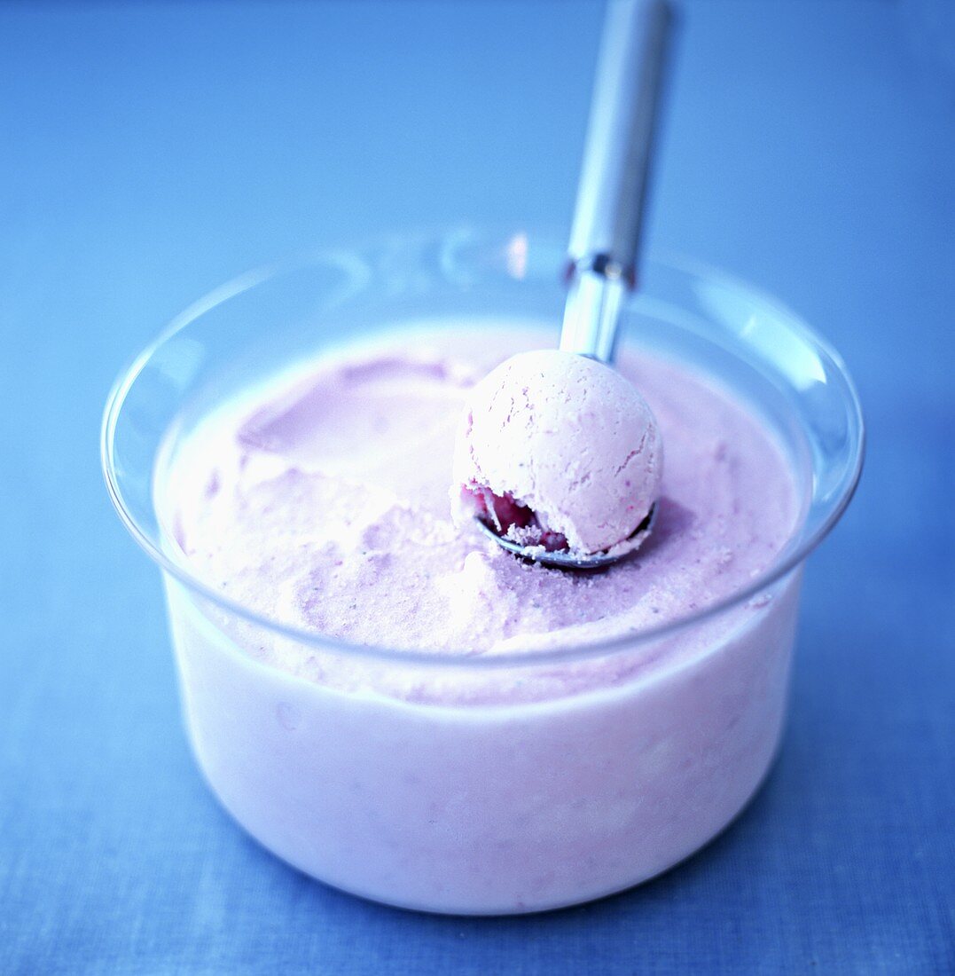 Raspberry ice cream in a small bowl