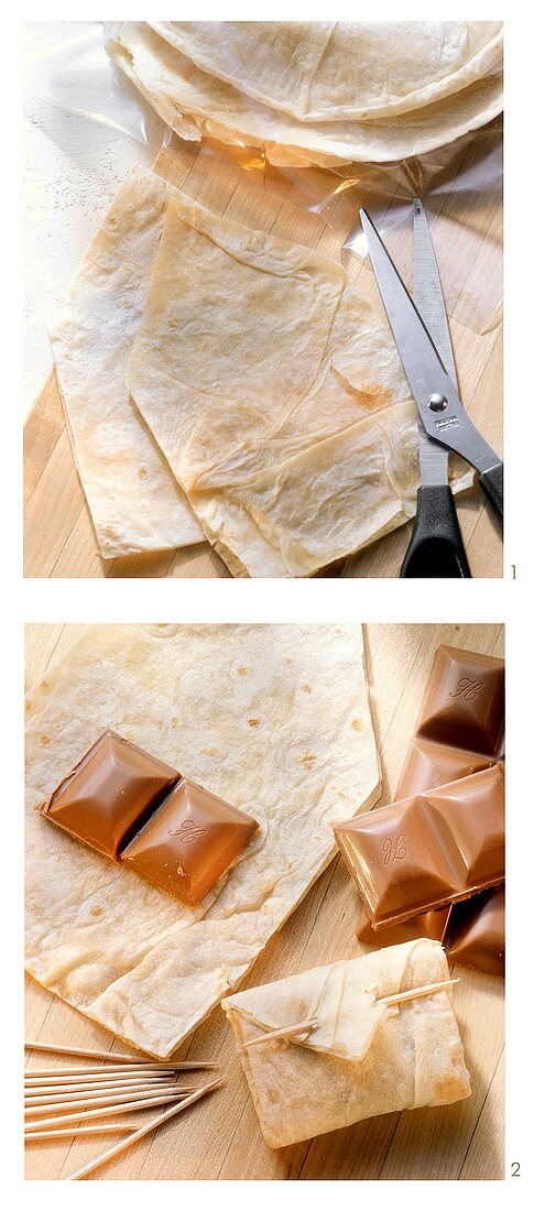 Making love letters from tortillas with chocolate filling