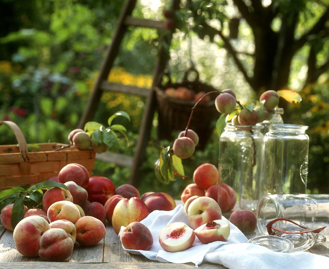 Pfirsiche mit Erntekorb und Einmachgläsern