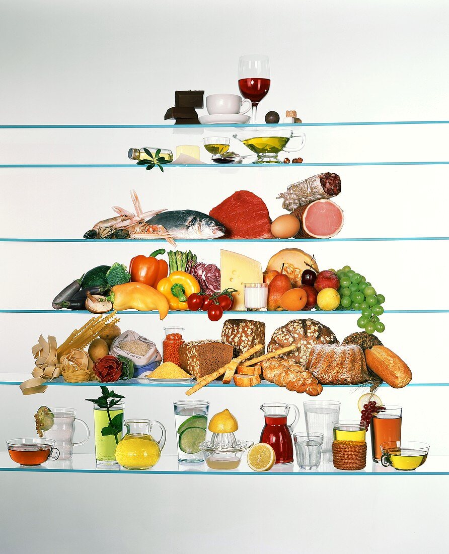 Ernährungspyramide mit Lebensmitteln und Getränken