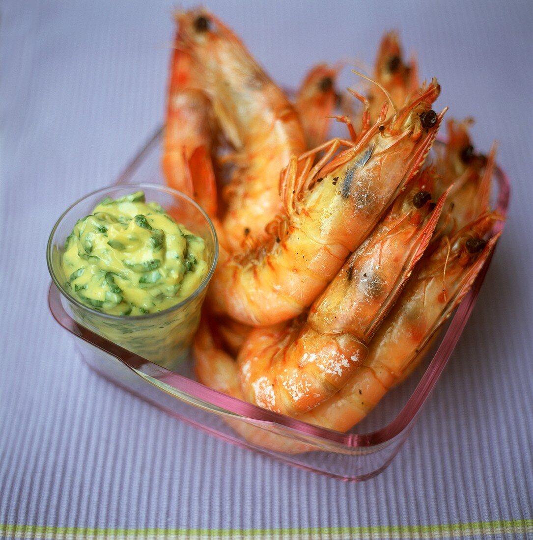 Grilled jumbo prawns with cucumber relish