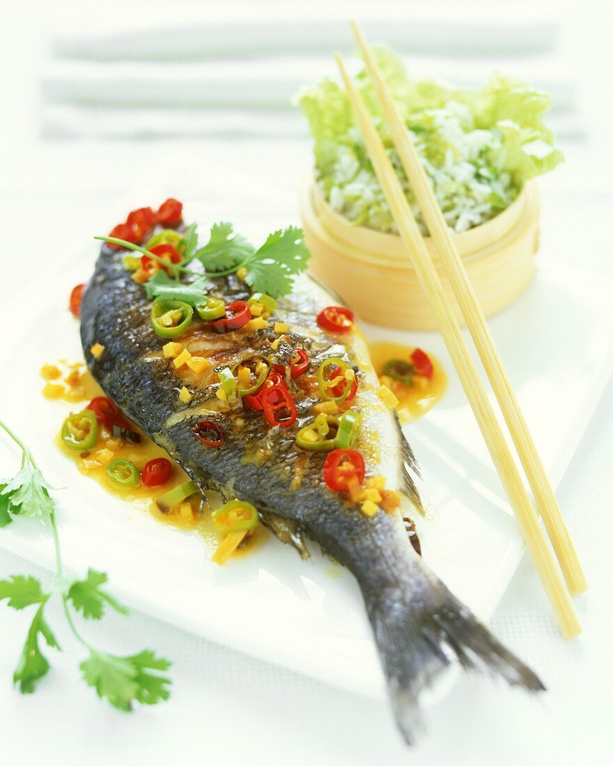 Fried sea bream with rice and Chinese cabbage