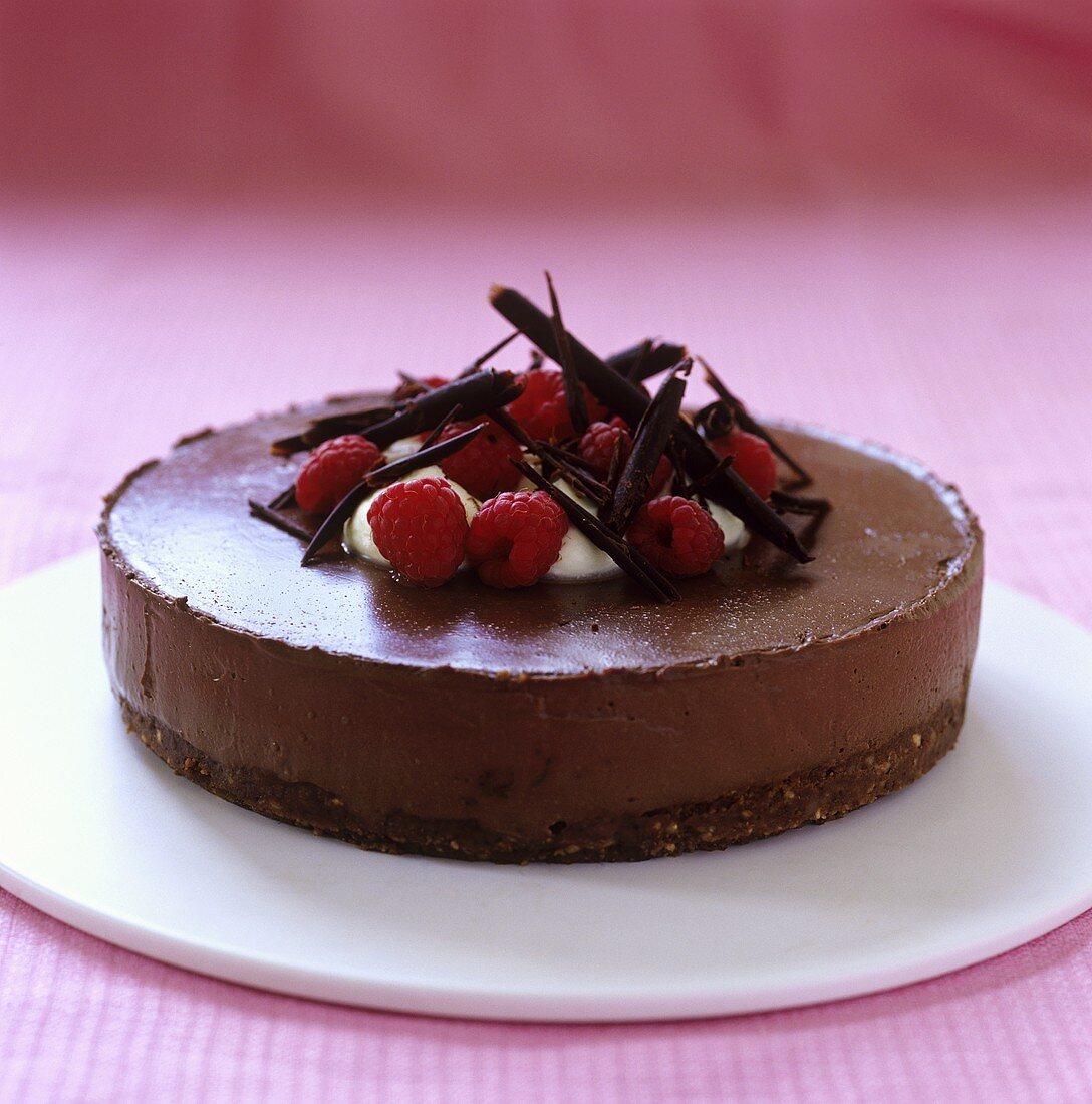 Chocolate cake, garnished with raspberries & grated chocolate