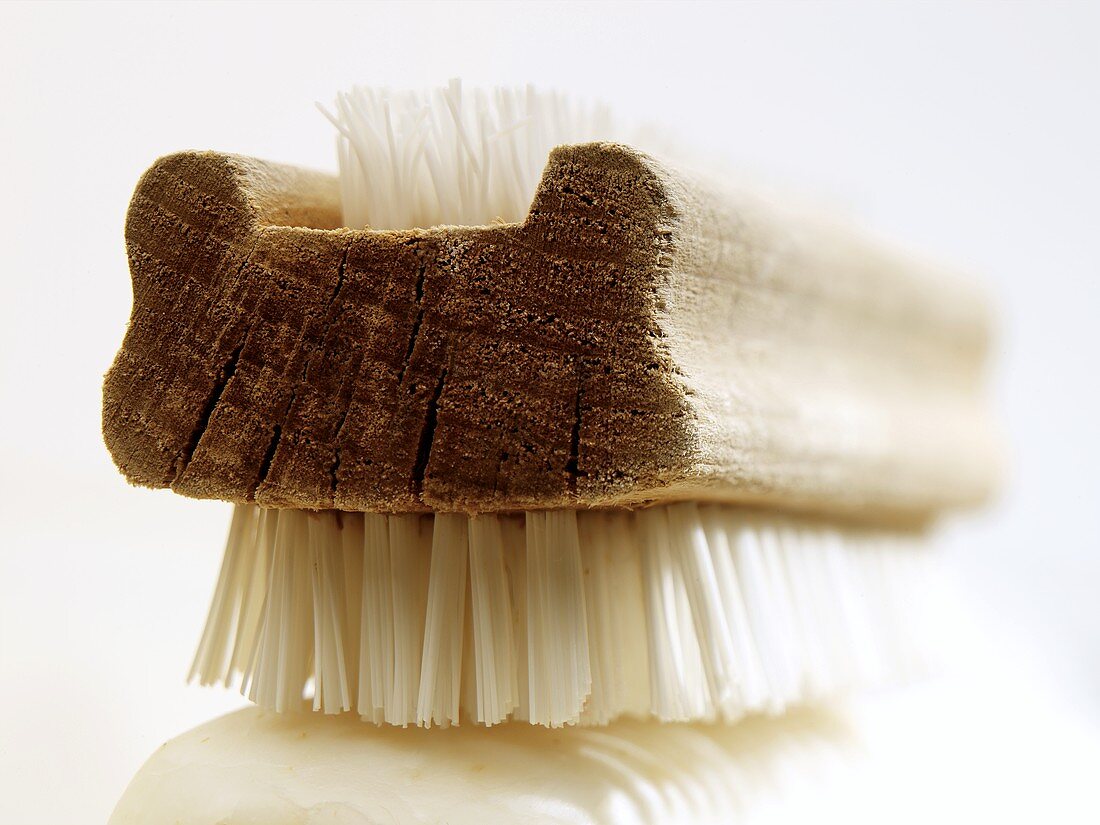 Nail brush on a piece of soap (close-up)