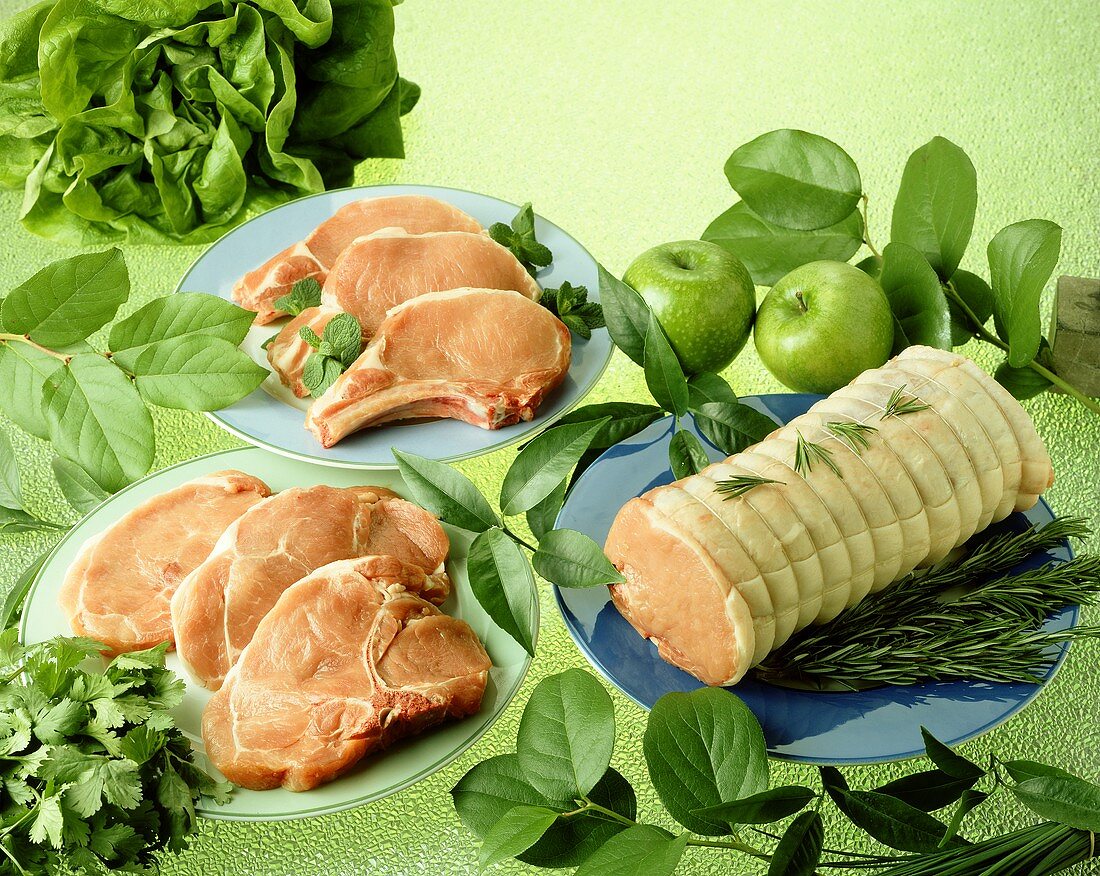 Various cuts of pork (chops, rolled roast)